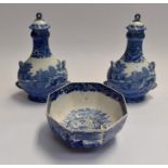 An early 20th Century, pair of blue and white Spode Copeland Italian design lidded vases, approx.