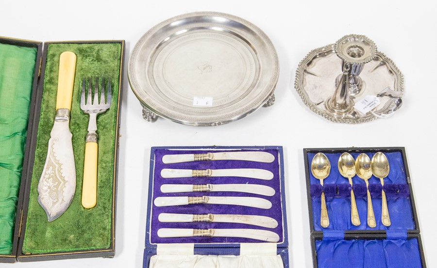 A collection of plate/EPNS including boxed flatware; a Georgian style chamber stick and snuffer