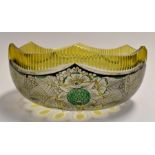 Bohemian crystal bowl, floral decoration with green and yellow highlights, star cut base. Diameter