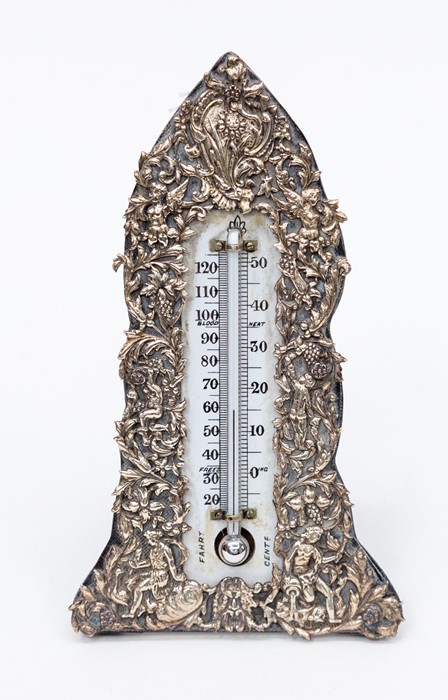 A silver mantle barometer, marks almost certainly London 1888, maker William Comyns