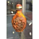 A 19cth Century carved antler scent/ snuff bottle, no makers mark, smooth stone top,  carved Chinese