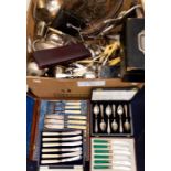 A large collection of silver plate, Sheffield plate items including cased items, bowls, tray,