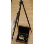 An early 19th Century surveyors instrument in oak box with tripod and brass campaign, handles