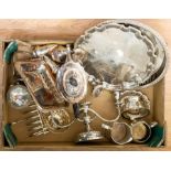 A collection of silver plated items including trays, candle holders, tankard, a Princess plate