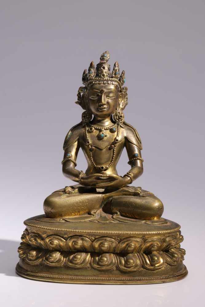 AmitayusBronze,Tibet, 18th cenutry,H: 14 cmElegant Amitayus Buddha seated on lotus base with