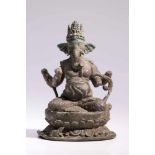 GaneshaBronze,India, Post-Gupta 8th centuryH: 14 cmA four-armed Ganesha in lotus pose sitting on a