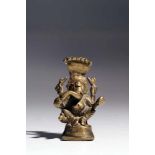 GaneshaBronzeIndia17th ctH: 7 cmA four-armed Ganesha god sitting wide-legged on a conic base. He