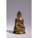BuddhaBronze, rest giltTibet, 14th centuryH: 12 cmSeated Buddha on double lotus base with beaded