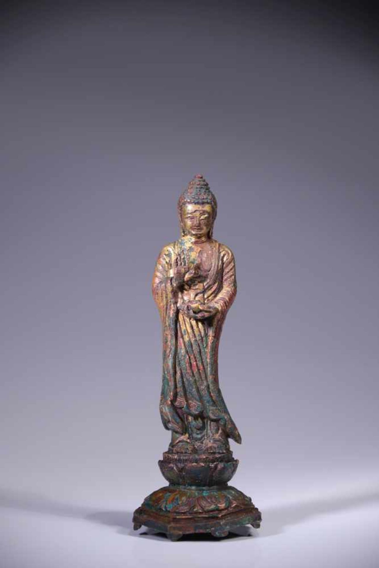 BUDDHA AMIDAbronze restgilt,Japan, 19th century, Size: 15 cmStanding Buddha Amida on double lotus