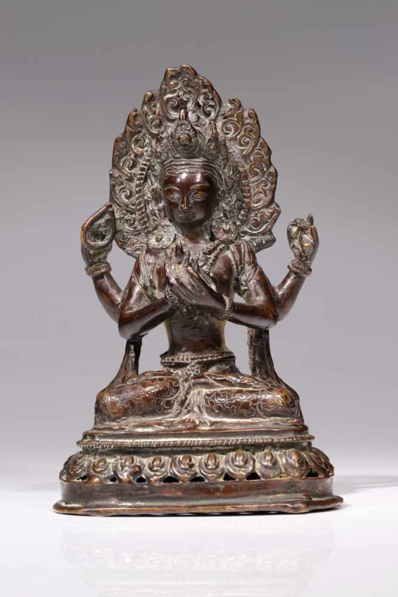 SHADAKSARIbronze,Tibet, 19th century,Size: 16 cmAvalokiteshvara Shadakshari sitting in padmasana (