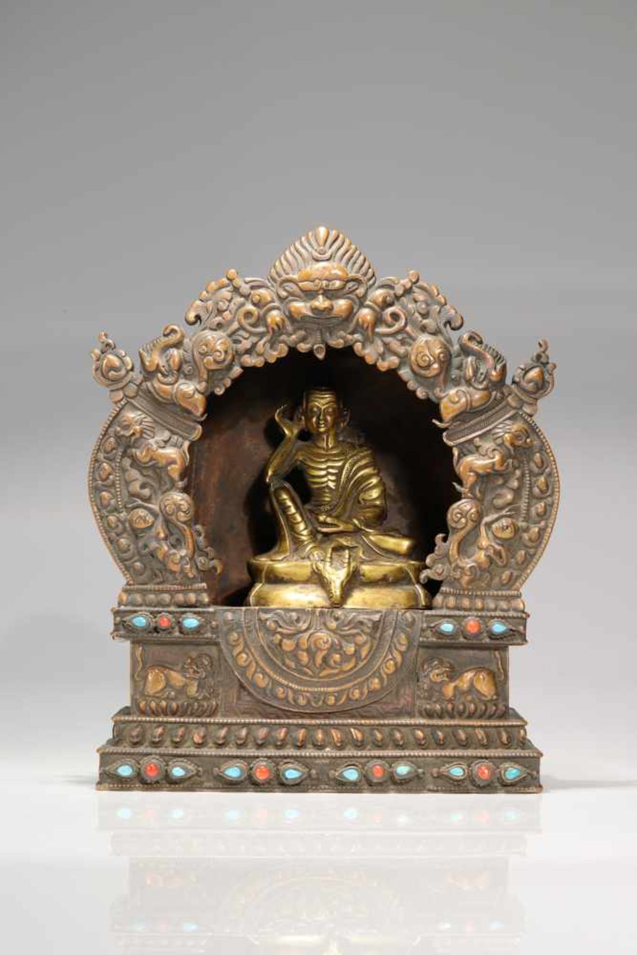 MILAREPA IN SHRINEbronze firegilt and repousse Shrine,Mongolia, 19th century,Size: 24 cm x 18