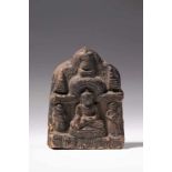 PAGAN VOTIVE BUDDHAclay,Birma, 12th century,Size: 4,5 cmBuddha in earth-touching gesture flanked