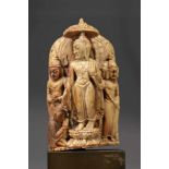 BUDDHAstone,Birma, Post-Pagan, 14th century,Size: 9 cmBuddha standing under a chatra umbrella on a