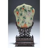 JADE TABLE SCREEN WITH FLORAL PATERNjade on a wood carved base,China,Size: 31 cmtable screen with