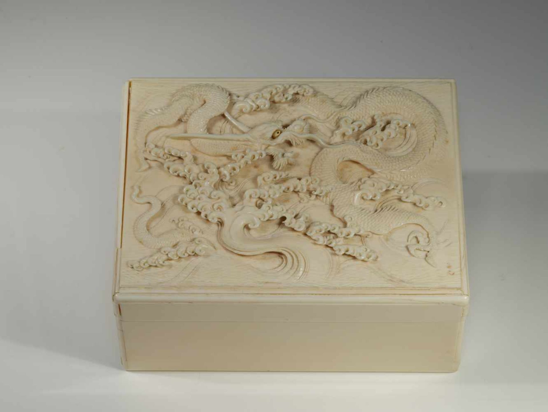 EXQUISITE SIGNED IVORY BOXIvory,Japan, 19th centuryWaterdragon above Waves nicely