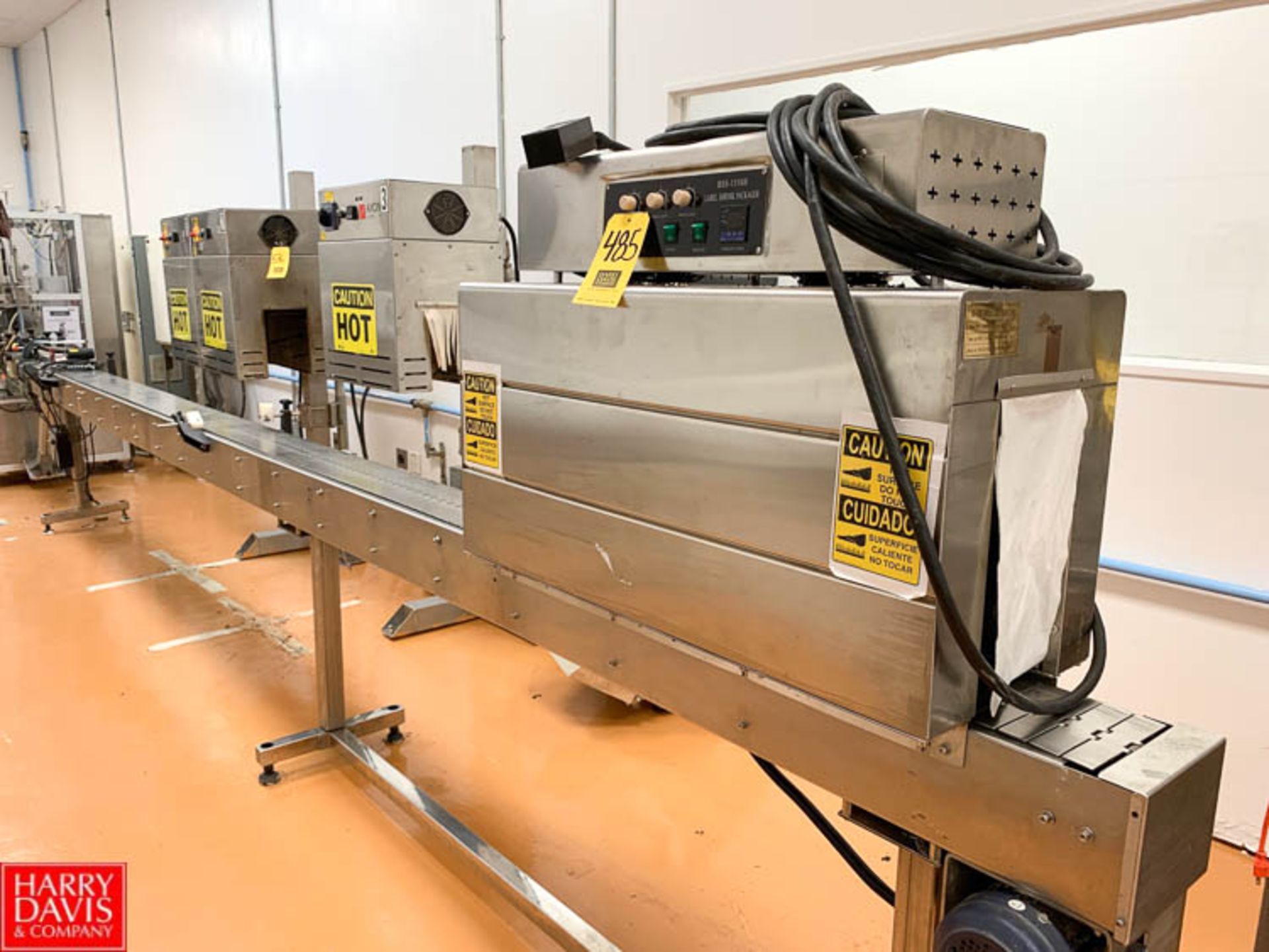 Label Shrink Packer S/S Heat Tunnel, Model BSS-15388 with S/S Frame Product Conveyor, 176" Long x