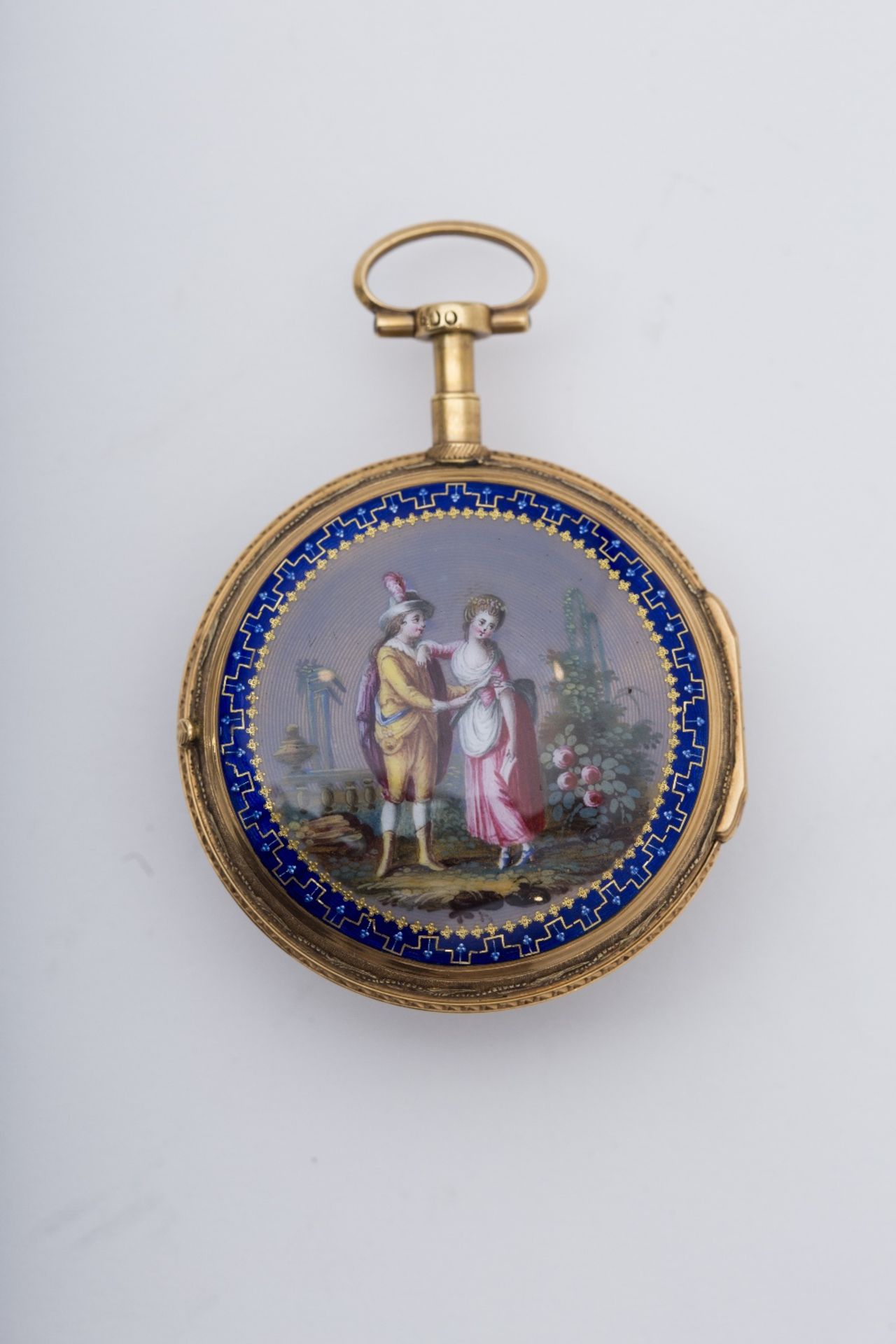 Pocket watch: 15 kt yellow and rose gold, round dial with enamelled gallant scene on the back. - Image 2 of 2