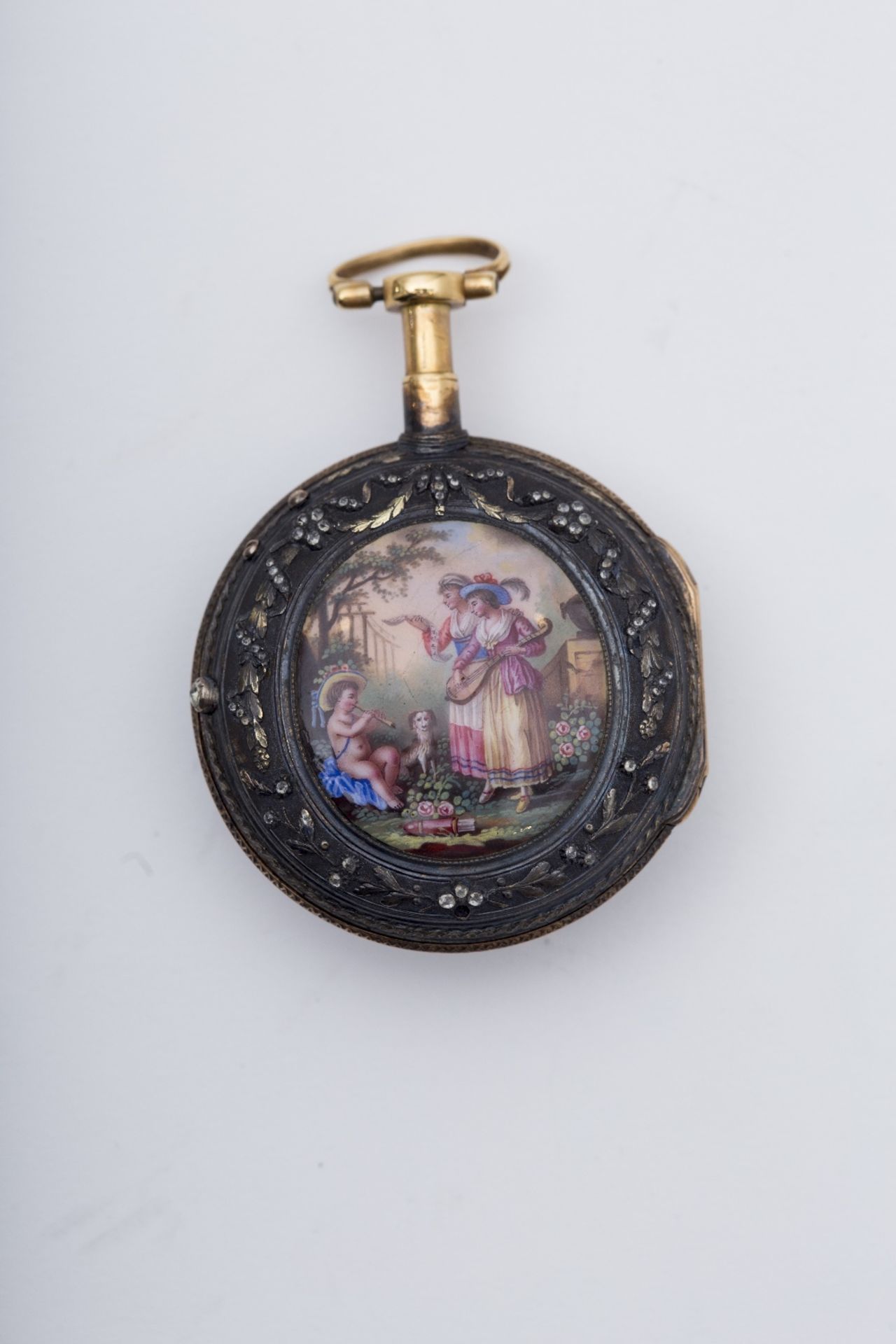 Léchet à Paris Pocket watch: 18 kt yellow gold and silver, back is enamelled with a scene of two - Image 2 of 2