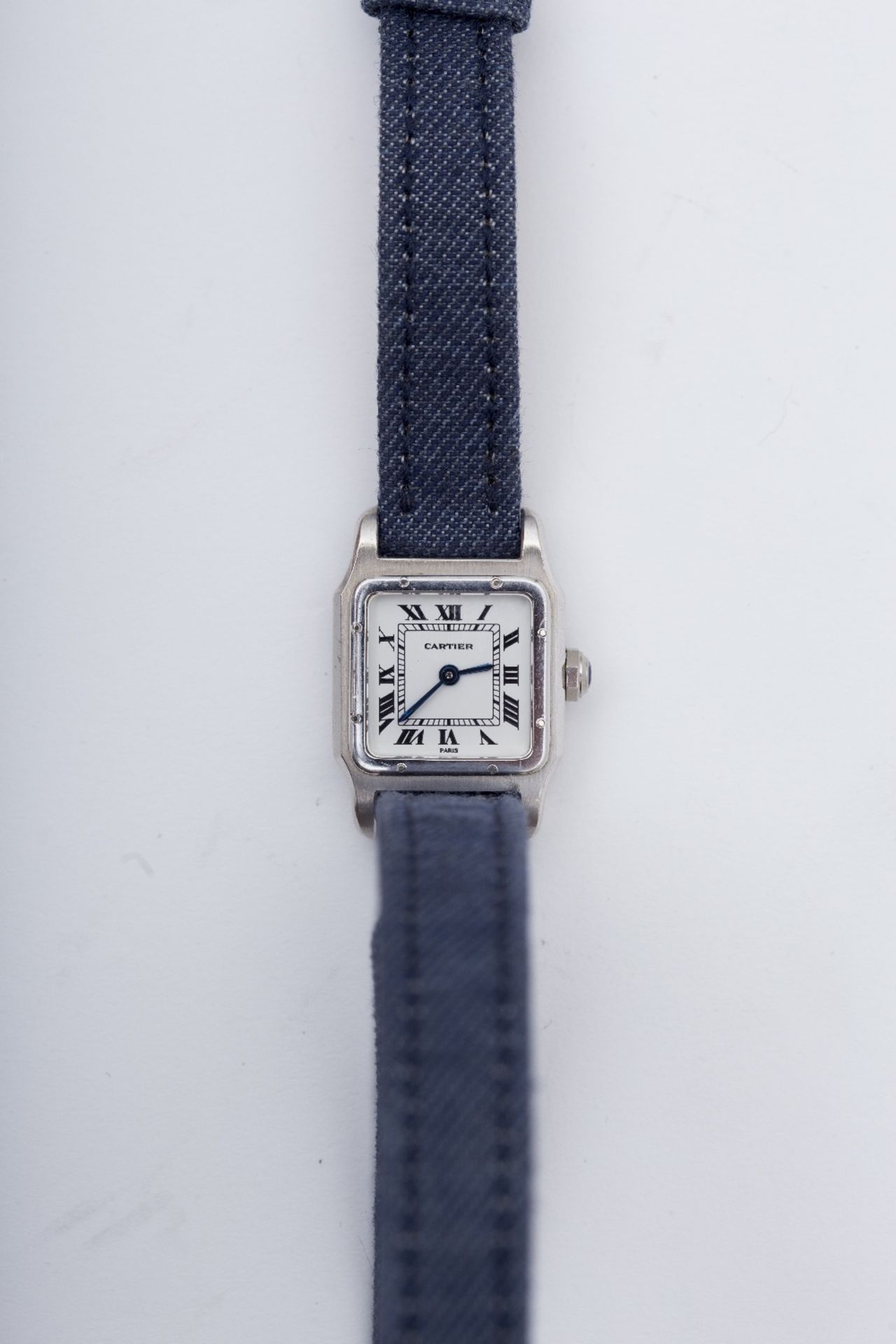 Cartier Square Lady's Santos watch: Small model in 18 kt grey gold, with double round "jean"