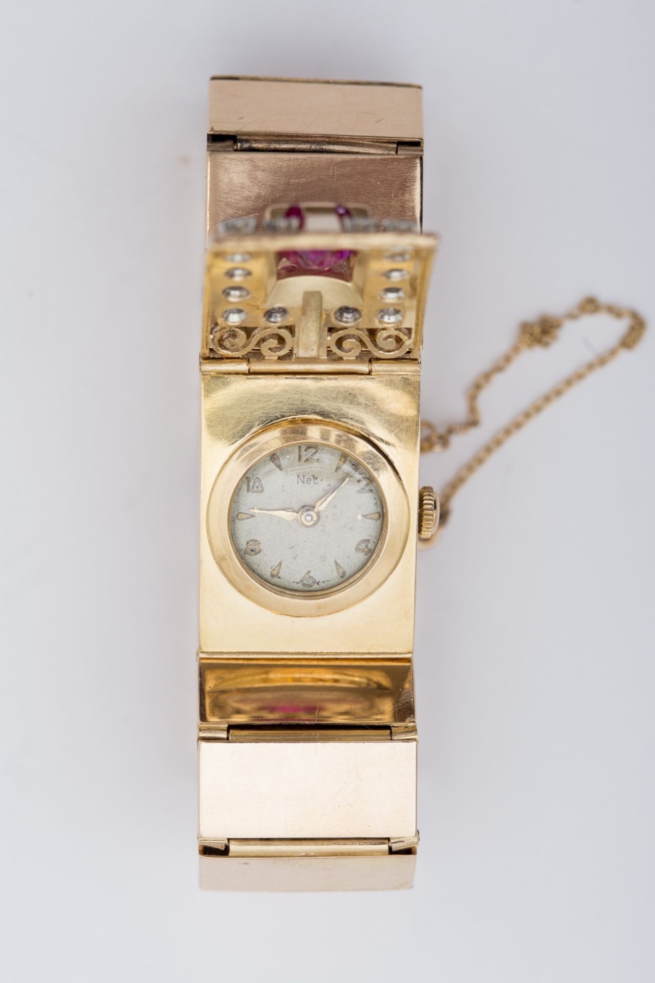 Net Lady's pocket watch: 18 kt yellow gold, dial hidden by a lid set with a ruby and 14 small - Image 2 of 3