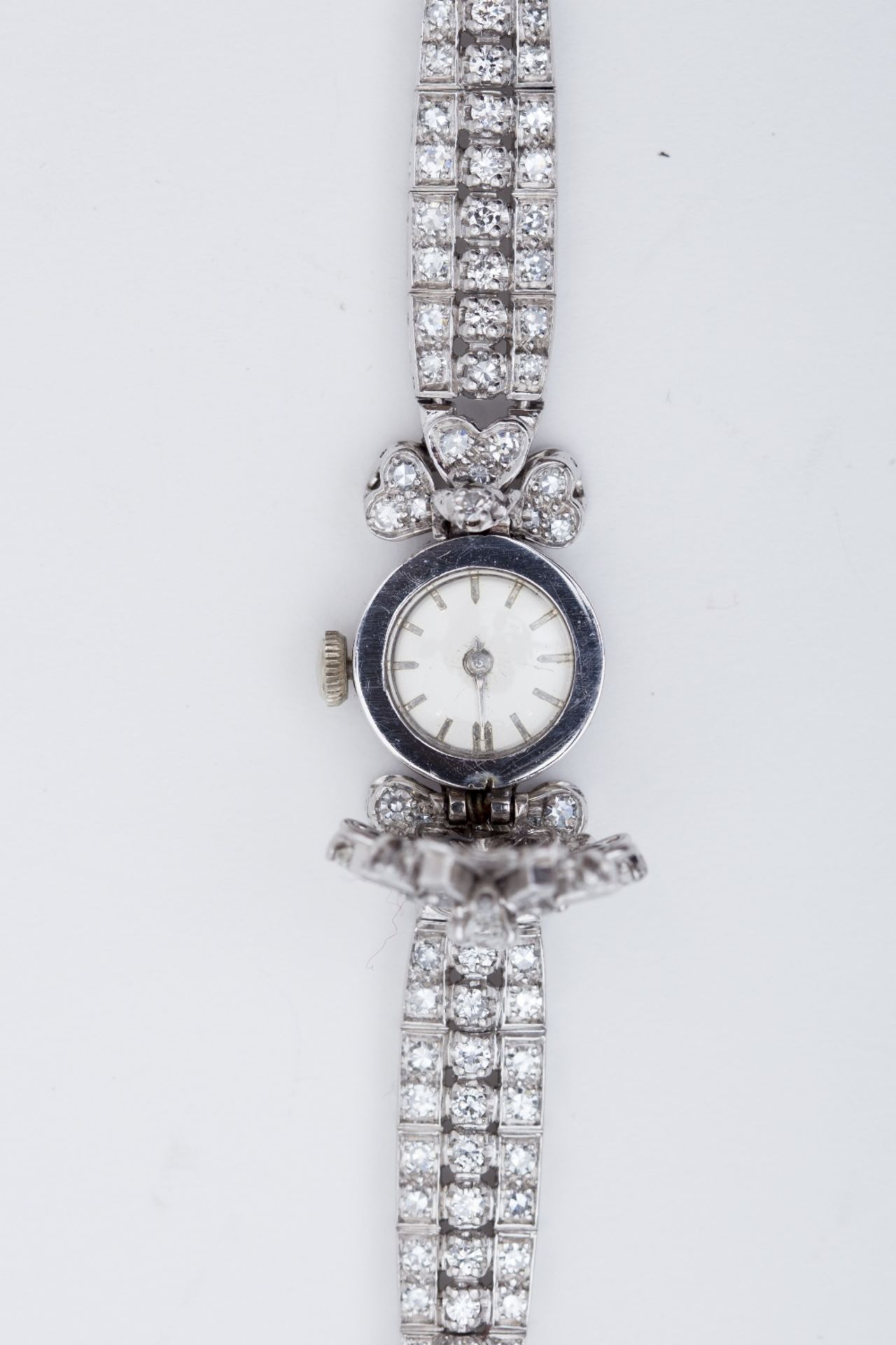 Lady's pocket watch: Platinum set with diamond baguettes and 8/8 brilliants. Unsigned movement. - Image 2 of 2