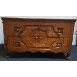 Oak box; Carved fleurs de lys and marquetry décor. Fitted with a unit of drawers inside. Iron lock