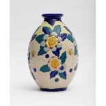 Art Deco vase; Craquelure ceramic with stylised polychrome floral décor. H: 30 cm; D: 20 cm