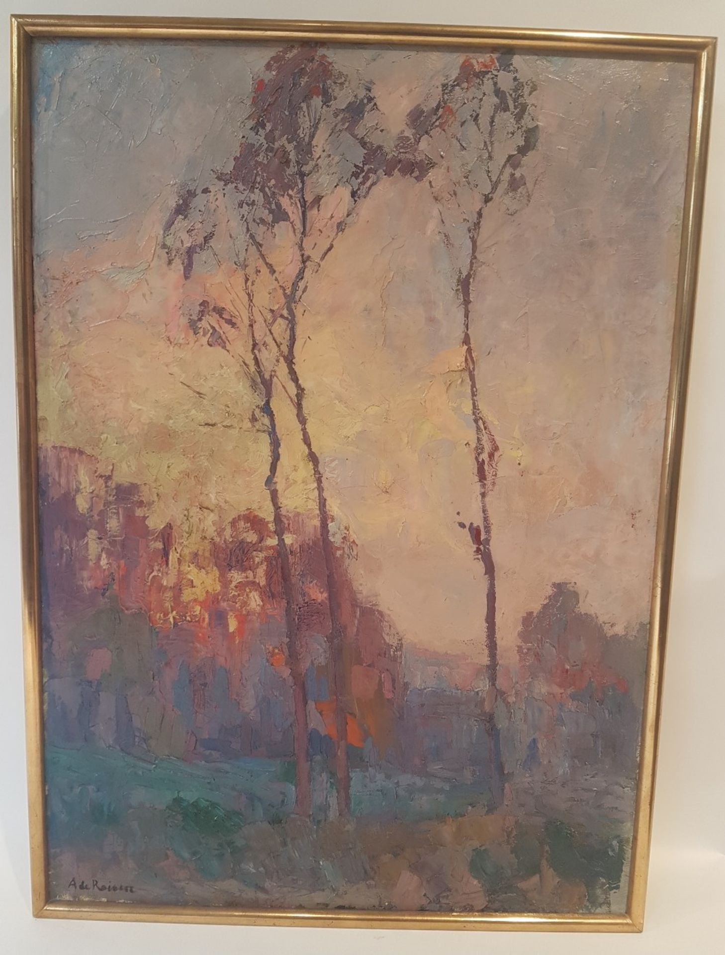 Auguste de Roisin (1889-?)Blazing sunset in the woods; Oil on canvas. Signed at lower left. 76 x
