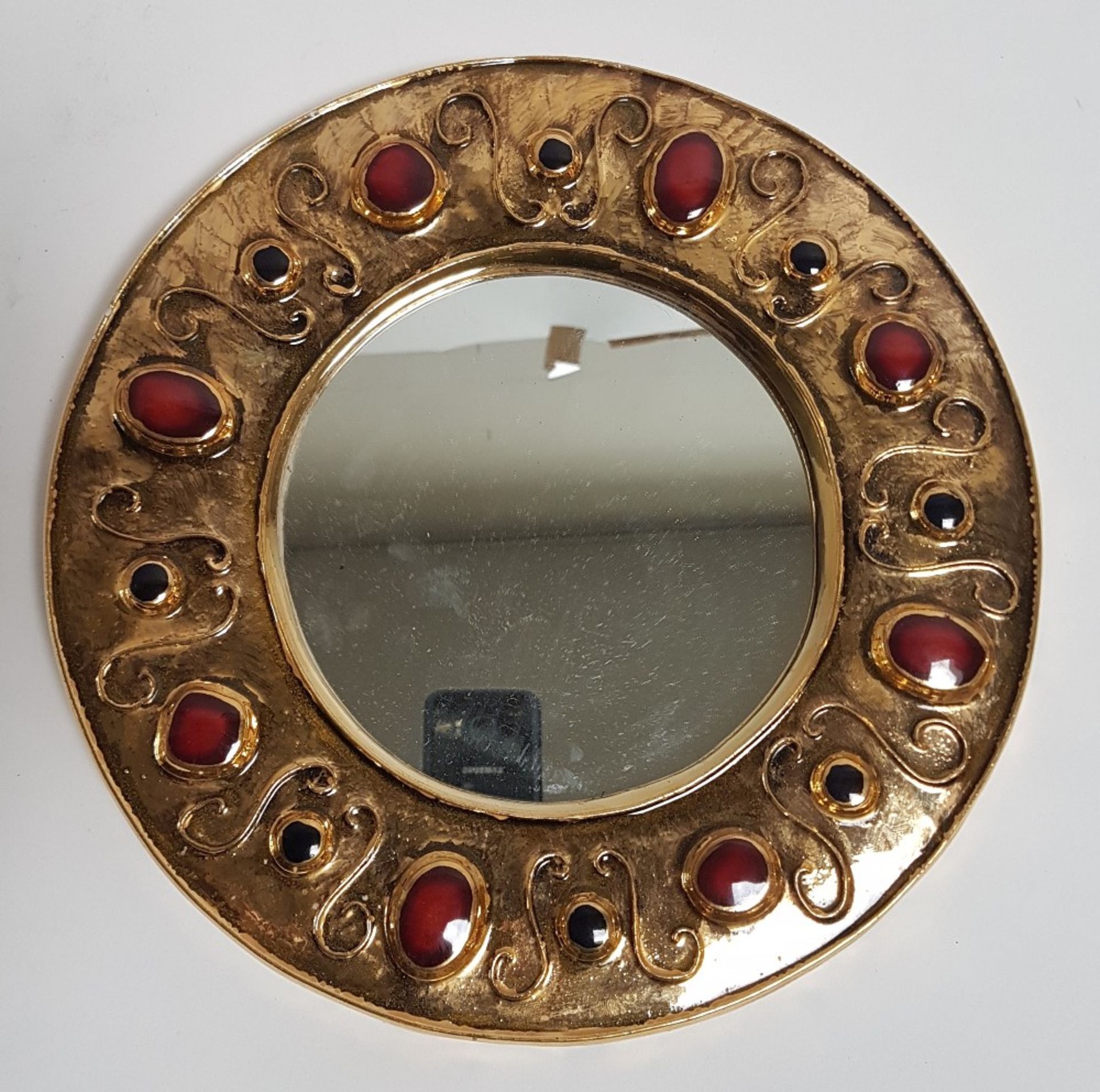 François Lembo (1930-2013) Round mirror; Ceramic with golden, red and black enamelled glaze. - Image 4 of 4