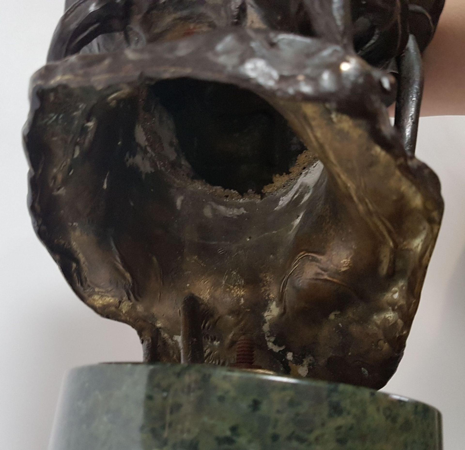 19th century workGorgon; Bronze sculpture with dark brown patina. Sea green marble stand. 43 x 20 - Image 5 of 5