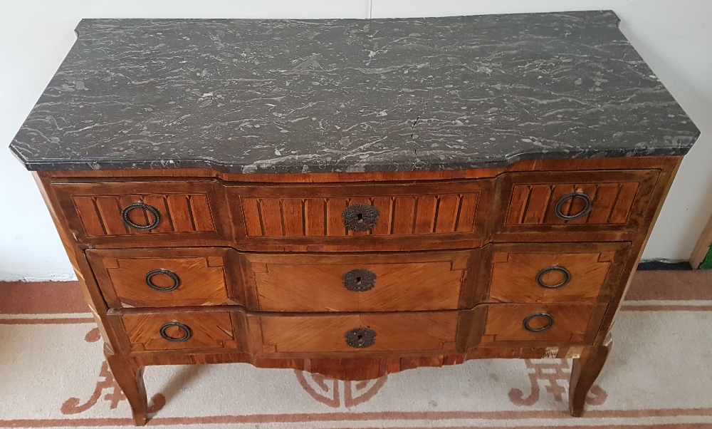 Transitional commode; Marquetry with three drawers and a grey marble surface. Numerous chips, marble - Image 2 of 2