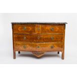 Transitional commode; Slightly curved marquetry with four drawers in three rows. Veneer damaged