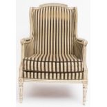 Louis XVI-style parlour set; Weathered wood and striped velvet, comprised of two bergeres and a