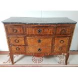 Transitional commode; Marquetry with three drawers and a grey marble surface. Numerous chips, marble