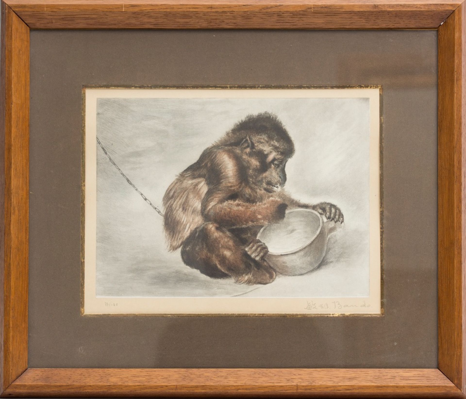 Toshio Bando (Japan 1895-1973)Monkey with a cup; Soft-ground, dry-point engraving. Signed in the