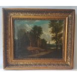 Illegible signatureVillage scene; Oil on canvas signed at lower right. In a giltwood frame. 25 x