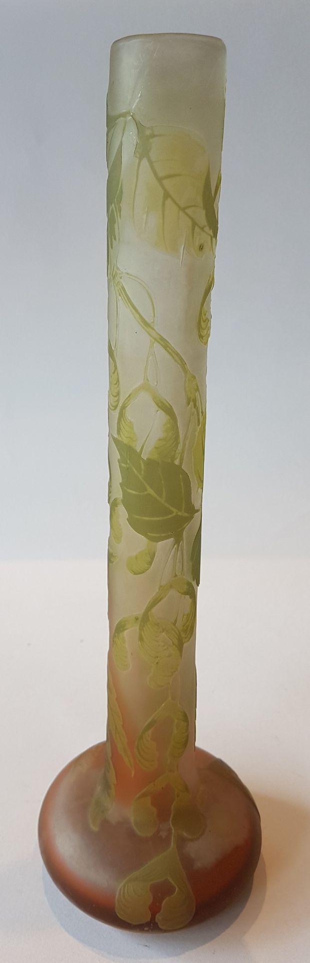 Emile Galle (1846-1904)Wisteria; Tubular double-walled glass vase with light and dark green décor - Image 2 of 6