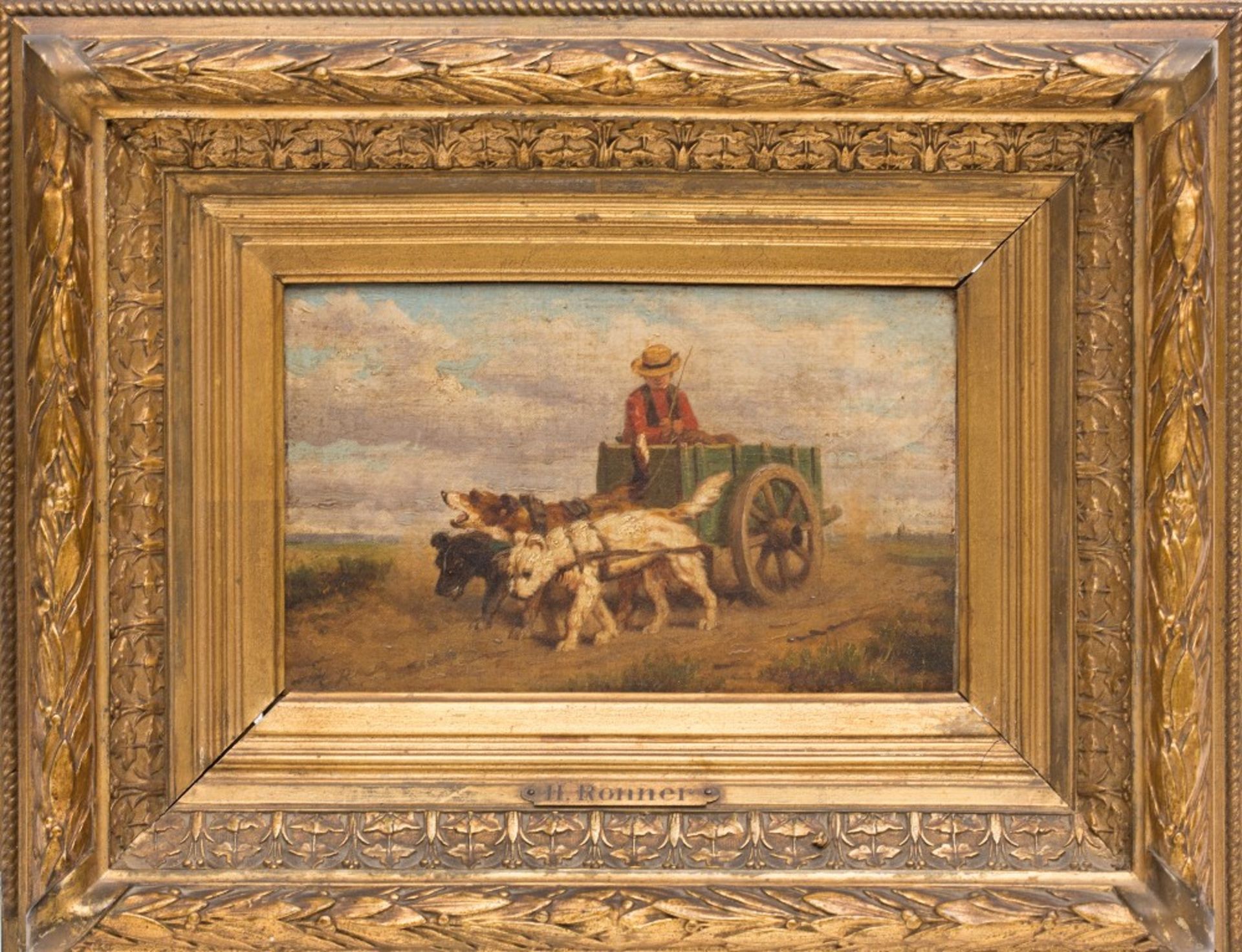Henriette Ronner-Knip (1821-1909) Child driving a cart pulled by dogs; Oil on panel. Monogrammed