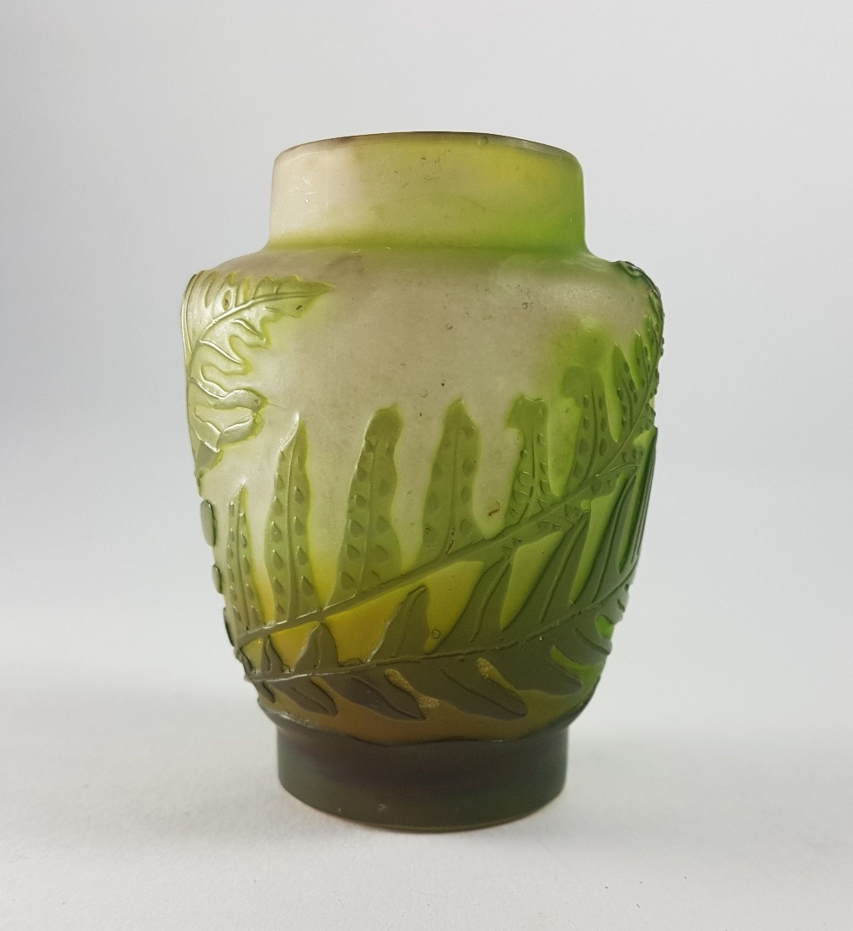 Emile Galle (1846-1904)Ferns; Small multi-layered glass vase with green décor etched in reserve on a