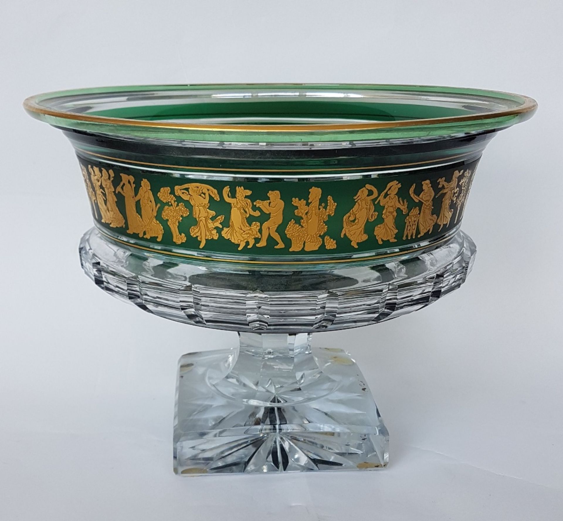 Val Saint LambertBorodine Danse de Flore bowl; Emerald green and clear cut crystal with golden rim