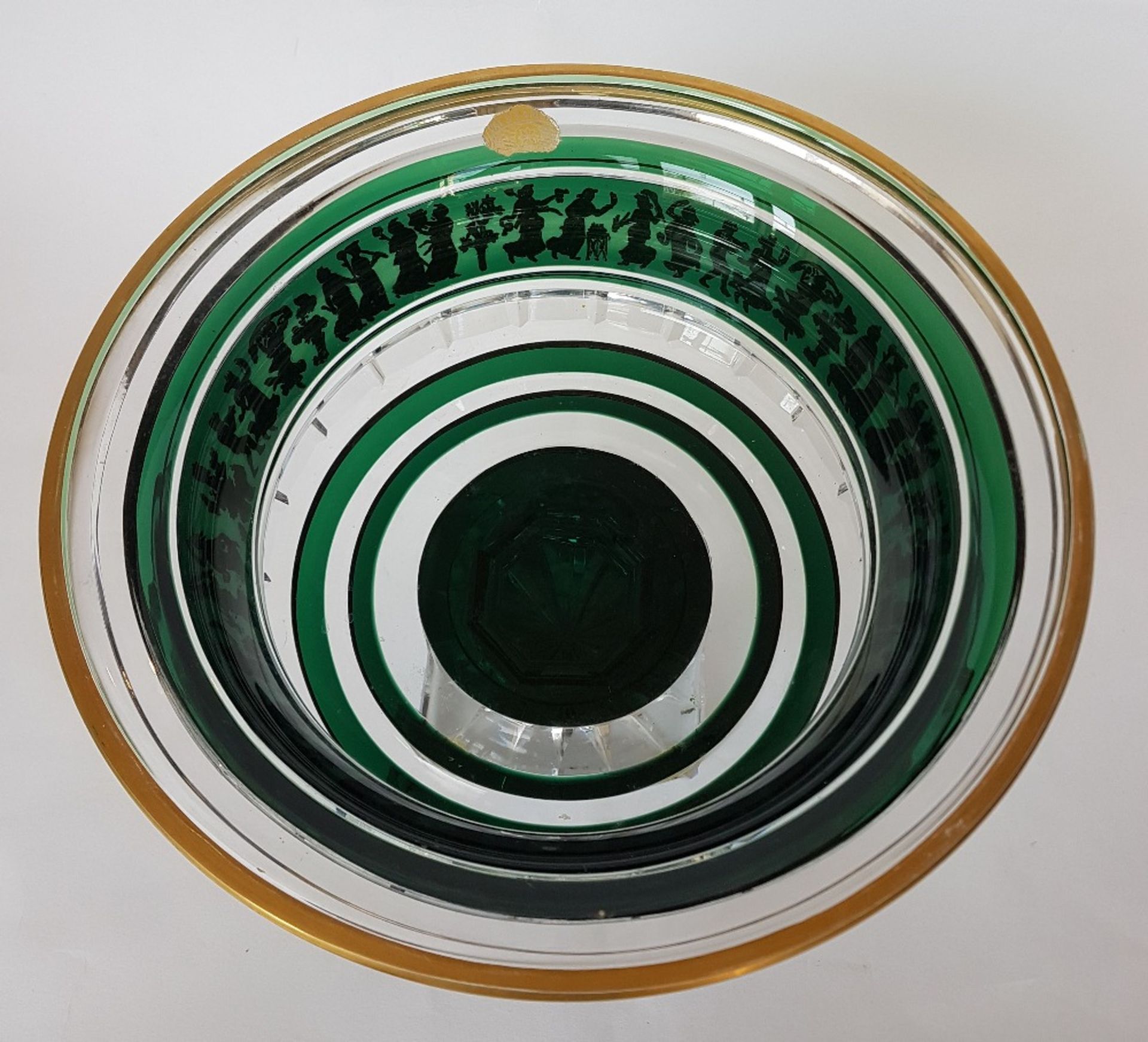 Val Saint LambertBorodine Danse de Flore bowl; Emerald green and clear cut crystal with golden rim - Image 3 of 3