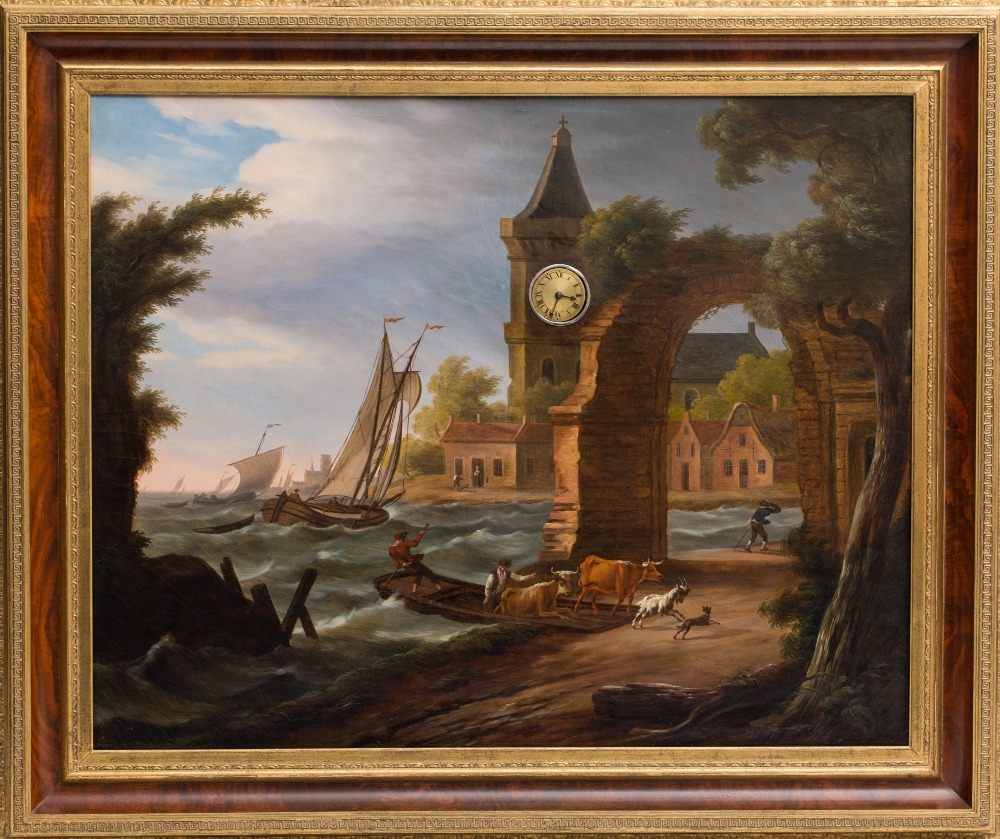 Frans Swagers (1756-1836)Clock-painting featuring an Italian-like landscape; Oil on canvas signed '