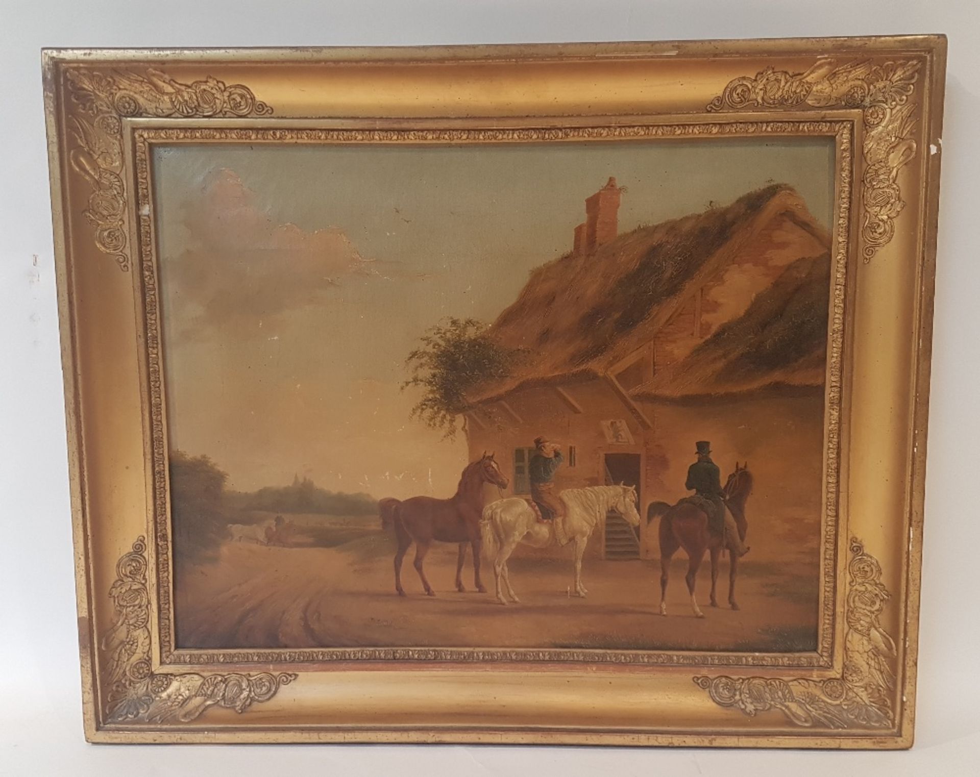 Anonymous, 19th centuryHorsemen in front of an inn; Oil on canvas. Re-stretched. In a giltwood