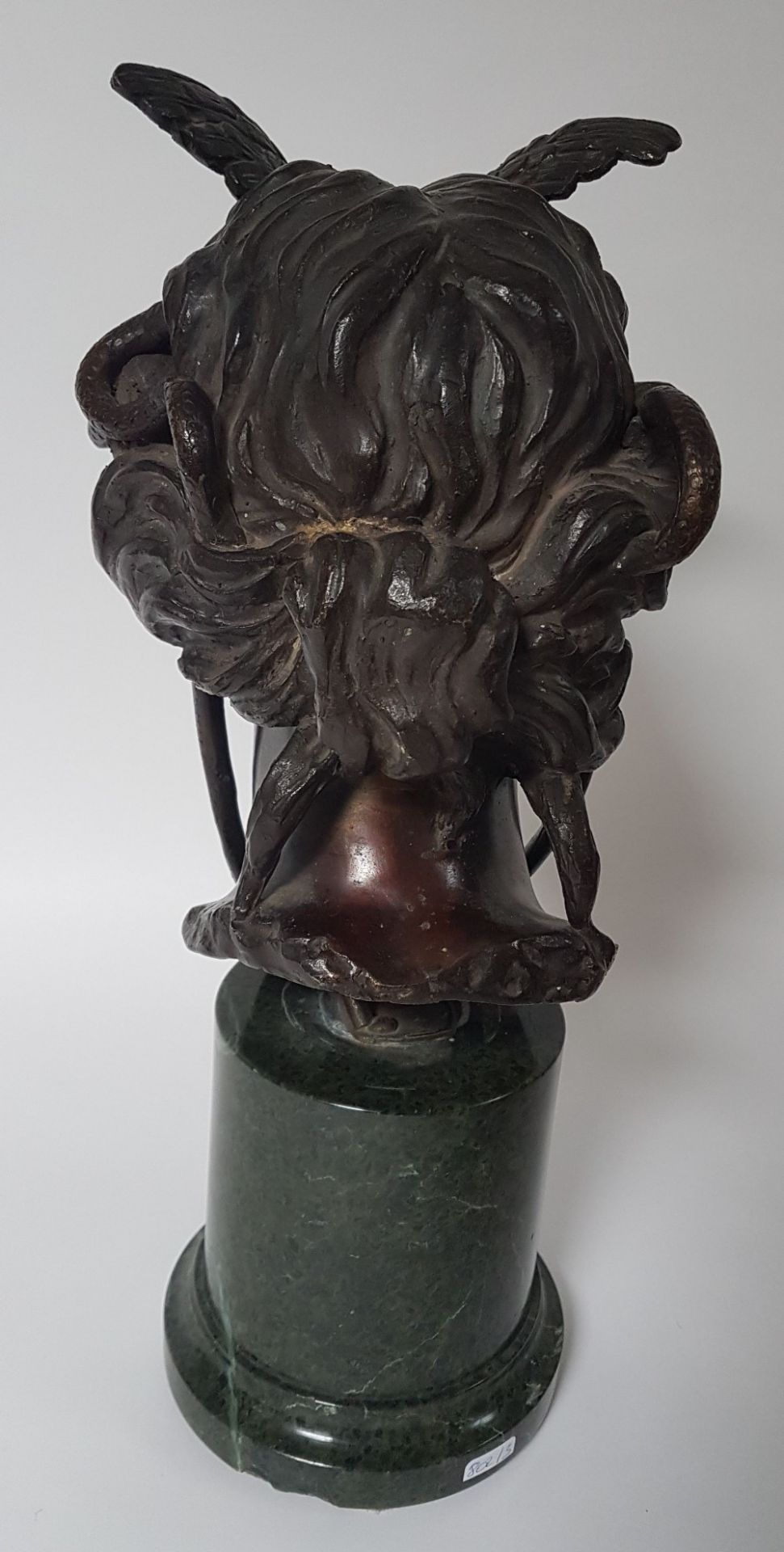 19th century workGorgon; Bronze sculpture with dark brown patina. Sea green marble stand. 43 x 20 - Image 4 of 5