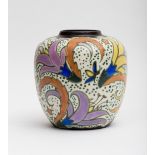 BergenButterfly among the flowers; Ceramic vase with polychrome enamel décor. Marked "C.M Bergen"