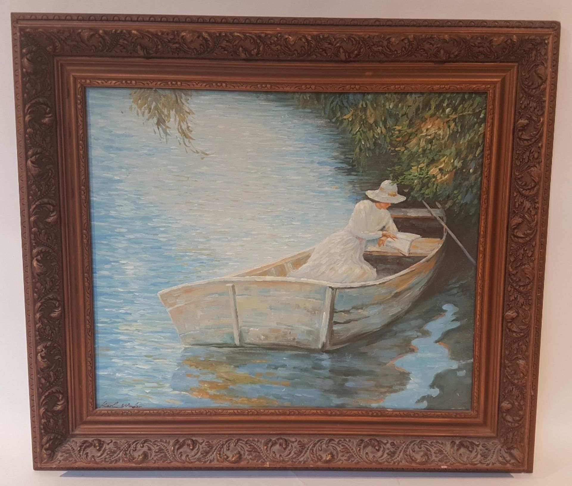Karl Wendel (1878-1943)Reading on a boat; Oil on canvas. Signed. Note: German school. 50.5 x 60.5 cm