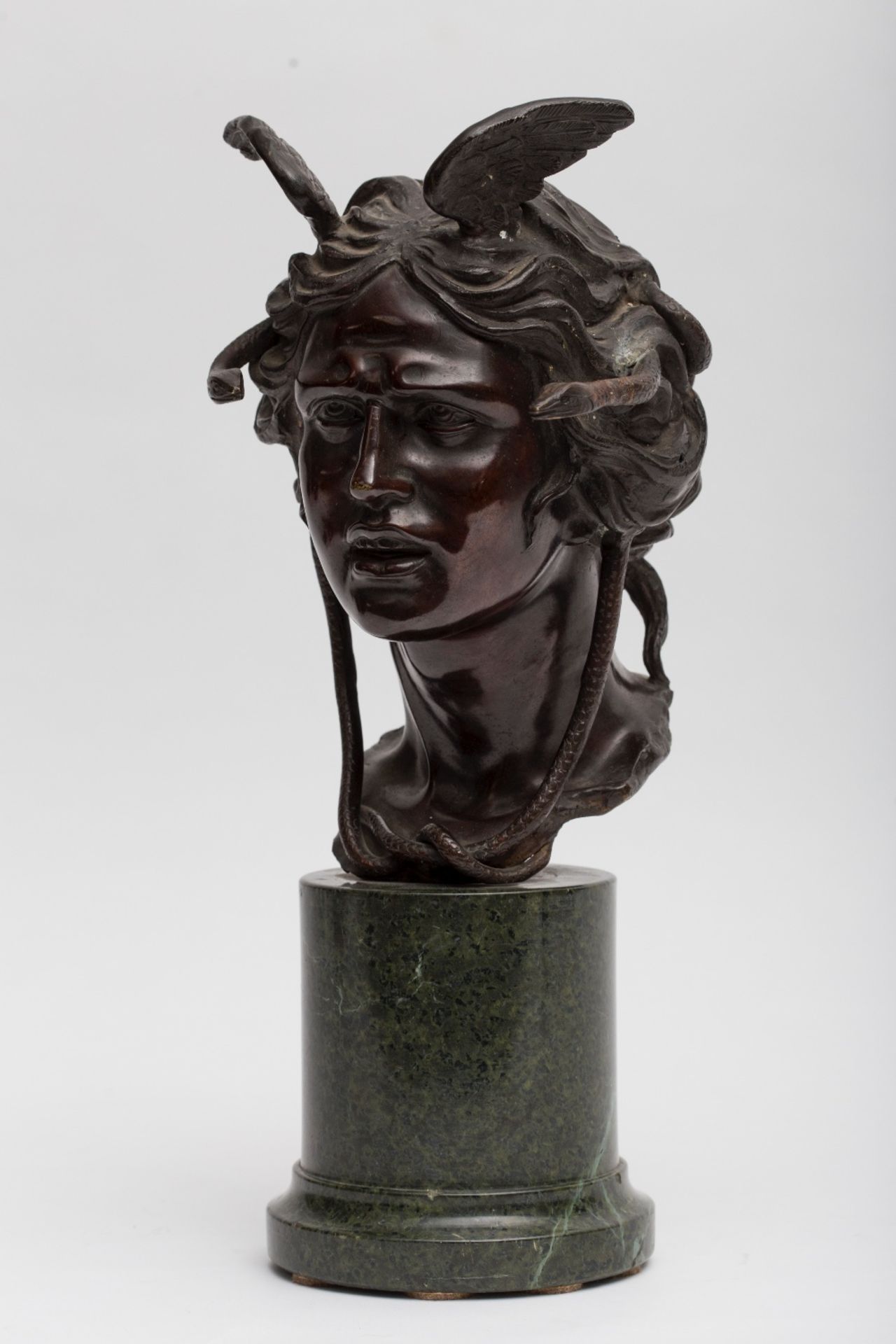 19th century workGorgon; Bronze sculpture with dark brown patina. Sea green marble stand. 43 x 20 - Image 2 of 5
