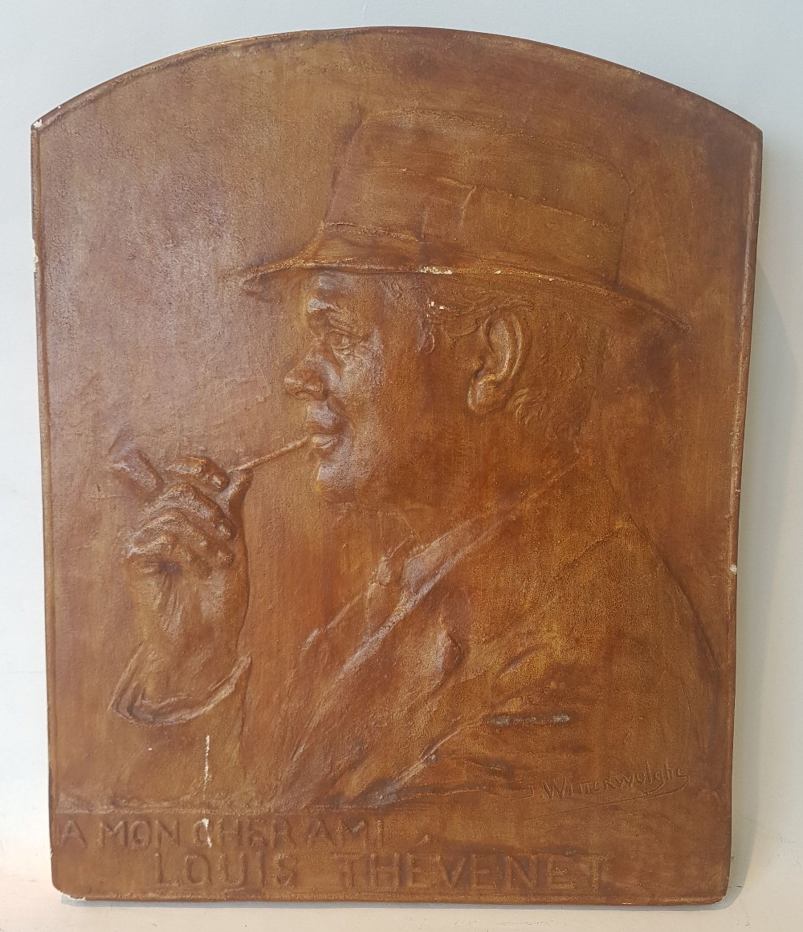 Joseph Witterwulghe (1883-1967)Portrait of the painter Louis Thevenet; Bas-relief in weathered