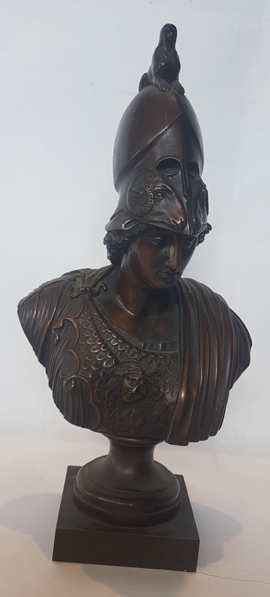 Bust of Athena; Bronze sculpture with brown patina. 33.5 x 18 x 13 cm