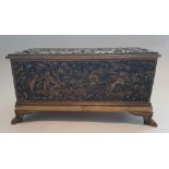 Box; Bronze and gilded brass, decorated with hunting scenes, fantastical animals, and figures in a